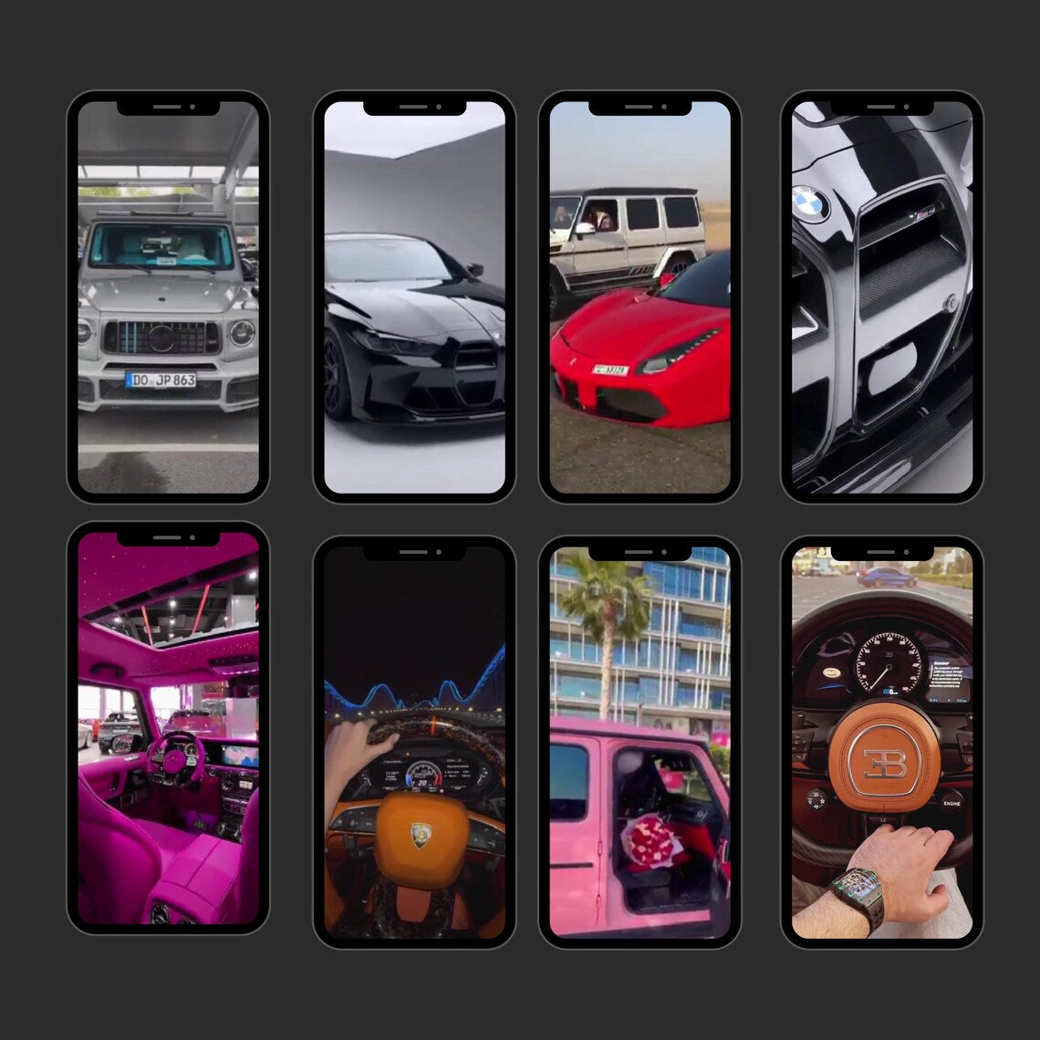 Grid of smartphone screens showing various cars and car interiors.