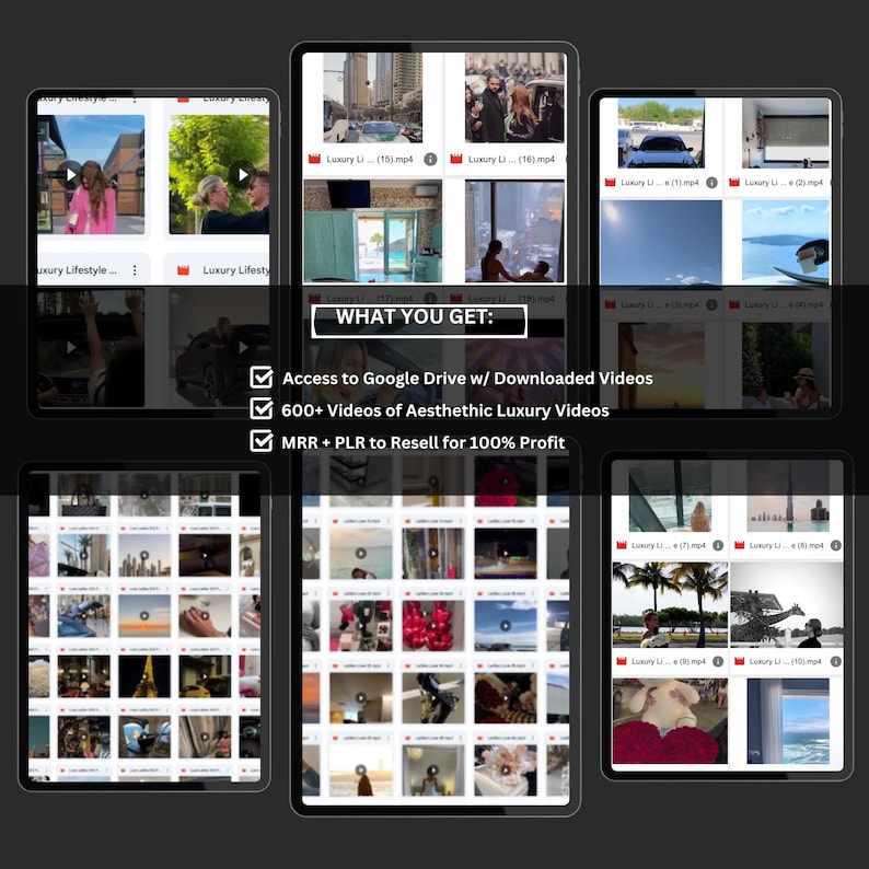 Screenshots of a digital product package with video content and features listed.