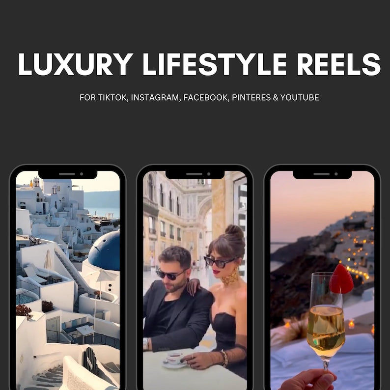Three smartphone screens showing luxury lifestyle scenes with text about social media reels.