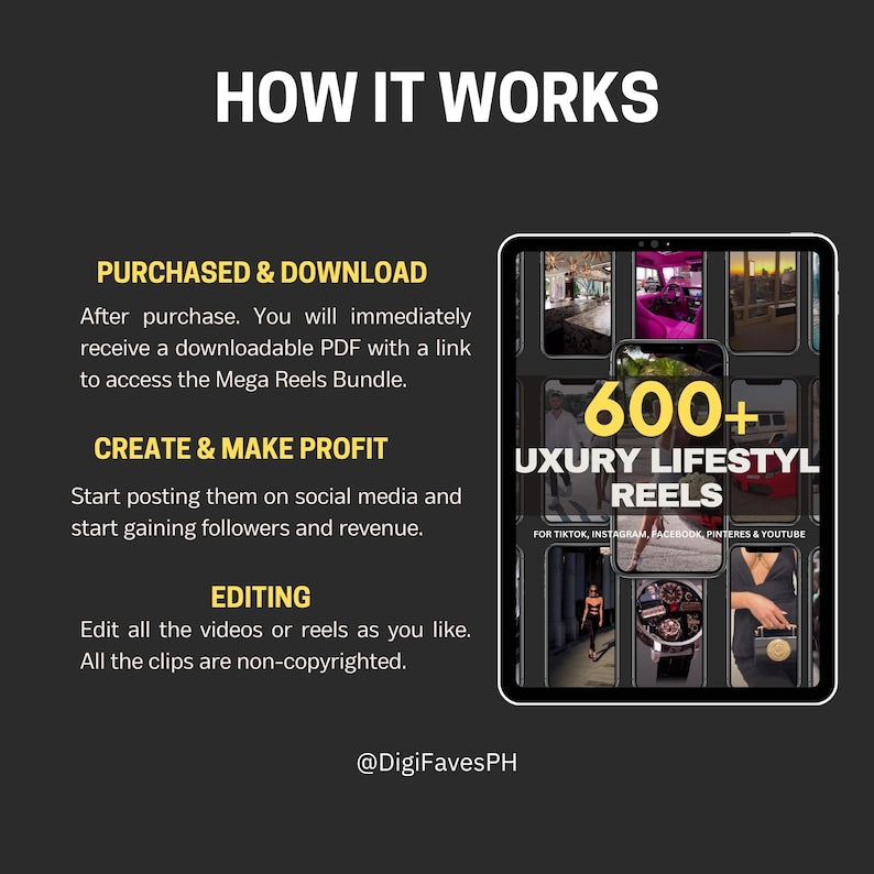 Promotional graphic for a luxury lifestyle reel bundle with text on how to use it.
