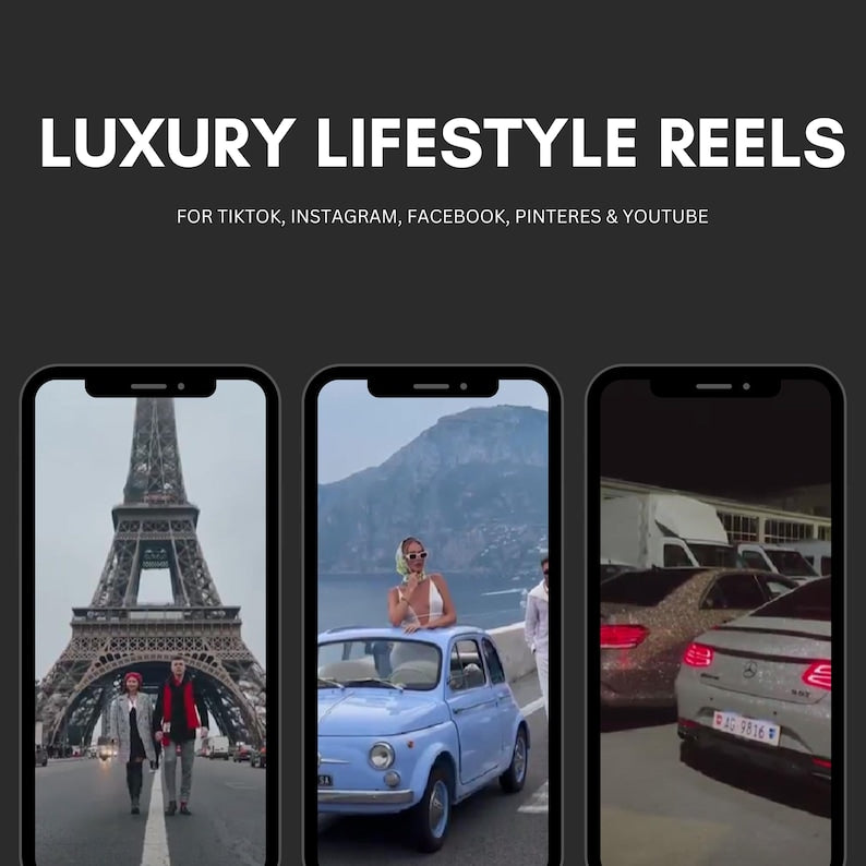 Promotional graphic for luxury lifestyle reels on social media platforms with images of the Eiffel Tower, a vintage car, and a mountain.