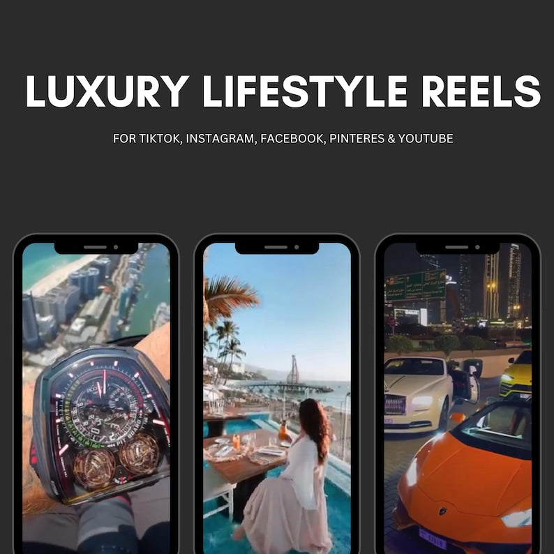 Three smartphone screens displaying luxury lifestyle images with text about social media reels.