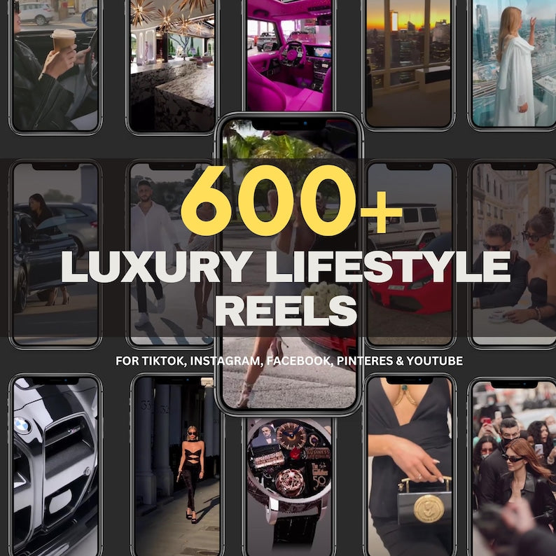 Promotional graphic for 600+ luxury lifestyle reels on various platforms with a collage of lifestyle images.