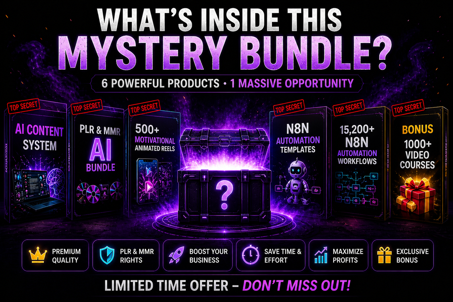 Promotional graphic for a mystery bundle with various digital products and benefits.